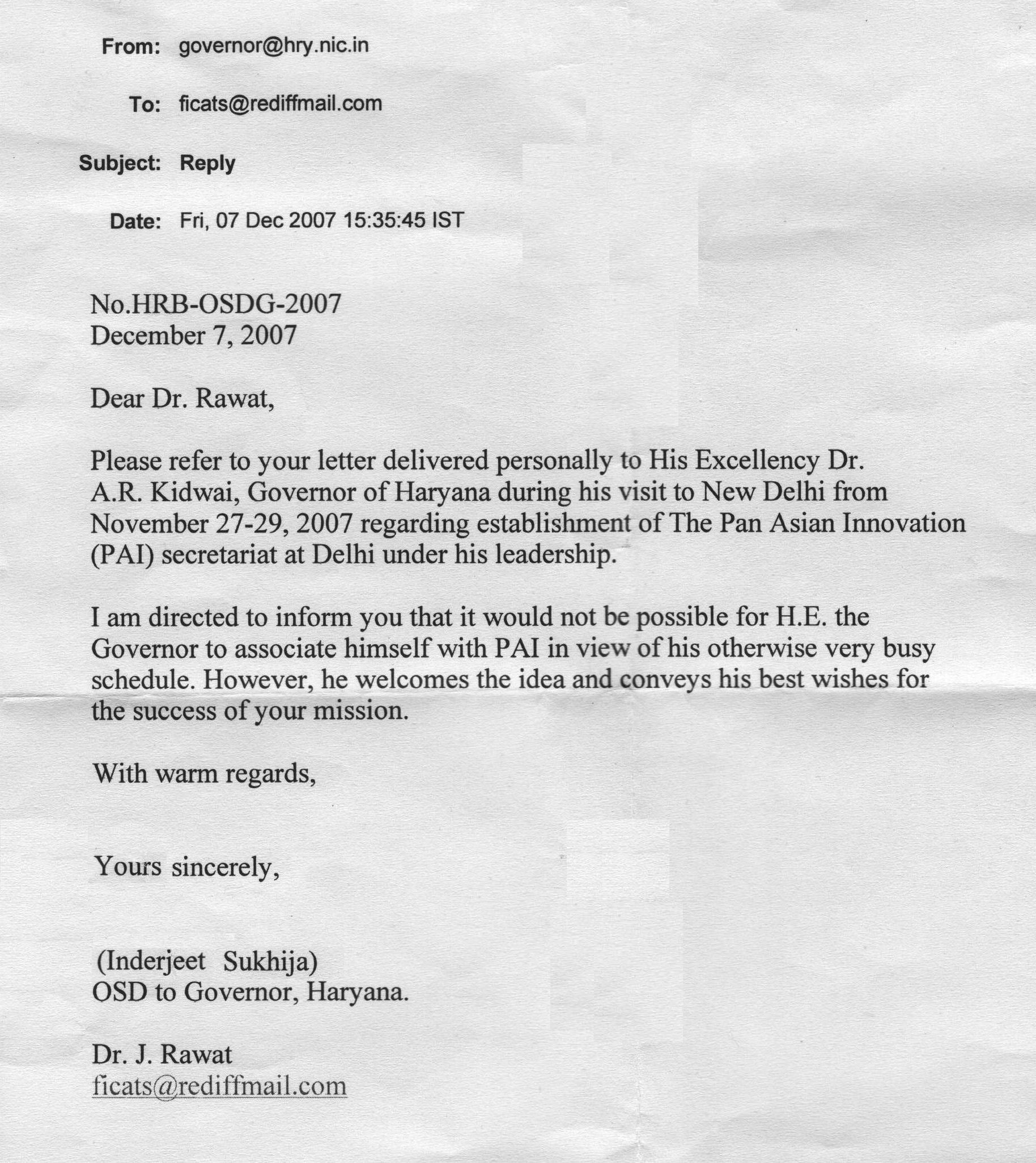 Best Wishes from Hon'ble Governor of Haryana